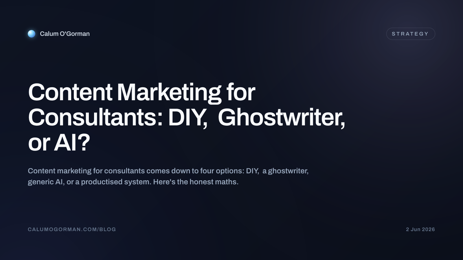 A solo consultant weighing four ways to do content marketing: writing it themselves, hiring a ghostwriter, using a generic AI tool, or running a productised content system